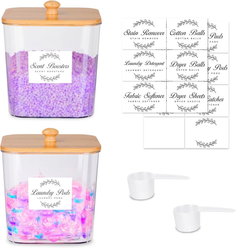 efluky 2 Pack Laundry Pods Container & Dryer Sheet Holder Set,Clear Laundry Room Organization Containers with Bamboo Lids and Labels,Laundry Pods Holder for Scent Booster,Powder,Pod - Image 1